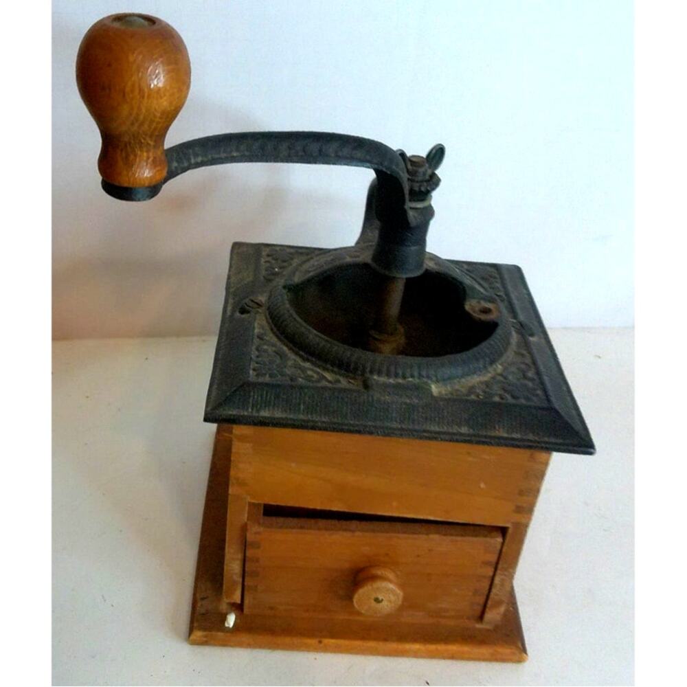 Antique Wood Box Manual Coffee Grinder Vintage Cast Iron Primitive Mill READ